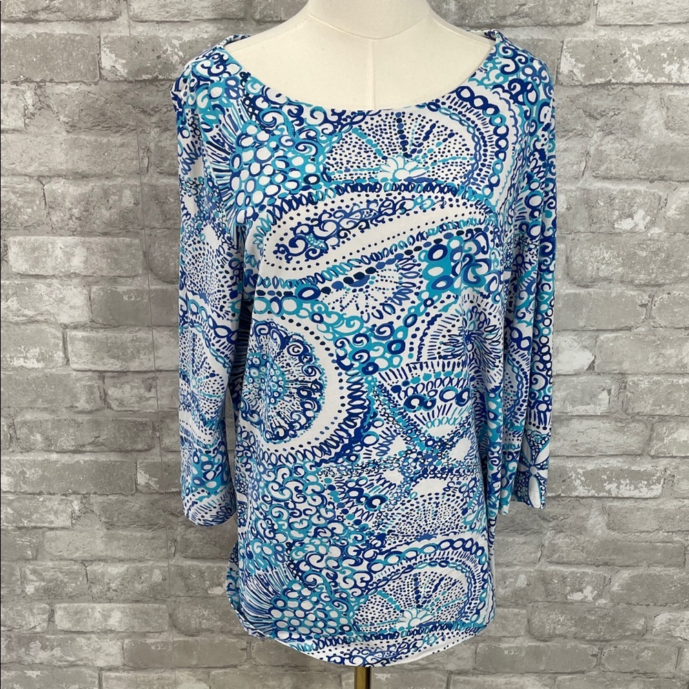 Lilly Pulitzer Blue Teal Abstract Paisley Boatneck Blouse